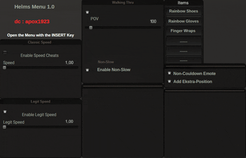 a screenshot of helms menu 1.0 showing walking thru rainbow shoes rainbow gloves finger wraps and more