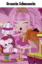 a cartoon of a girl with pink hair standing next to a teddy bear in a room .