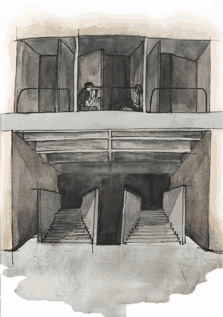 a drawing of two people sitting on a balcony with stairs in the background
