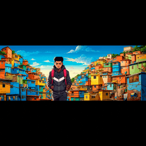 a cartoon drawing of a man walking through a slum