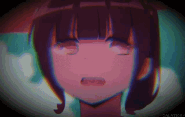 a close up of a girl 's face with a purple background and a glitch effect