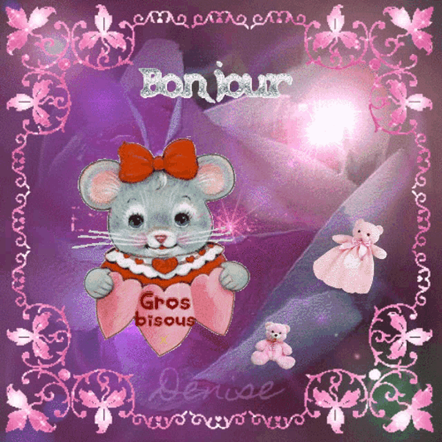 a cartoon mouse holding a heart that says gros bisous