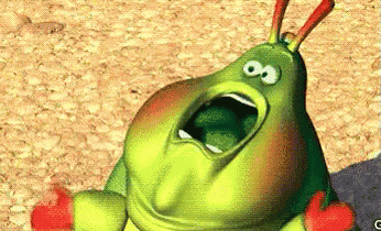 a cartoon caterpillar is screaming with its mouth wide open and red arms .