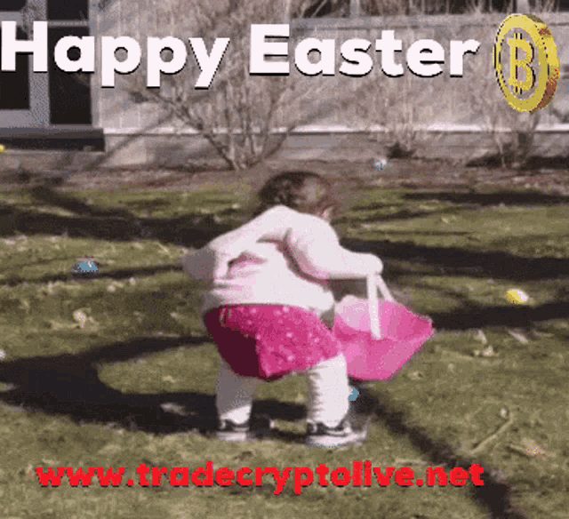 a picture of a little girl holding an easter basket with the words happy easter written on it