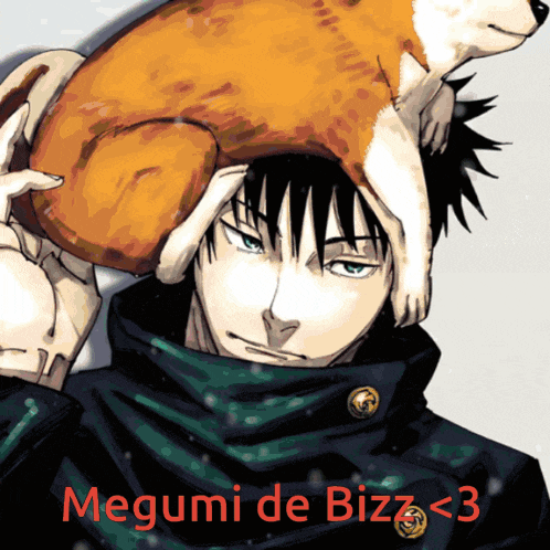 a man with a dog on his head with megumi de bizz < 3 written on the bottom