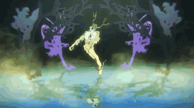 a drawing of a man with antlers is surrounded by purple monsters