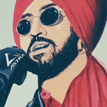 a drawing of a man wearing a red turban and sunglasses with astra written on his glove