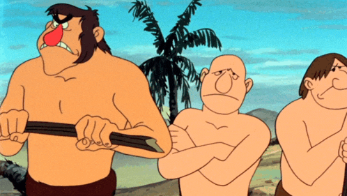 a group of cartoon characters standing next to each other