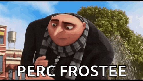 a cartoon character from despicable me is standing in front of a fountain and says perc frostee .