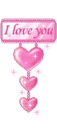 a pixel art of a sign that says `` i love you '' with three pink hearts hanging from it .