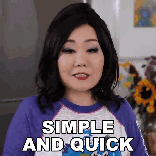 a woman is wearing a purple shirt and says simple and quick