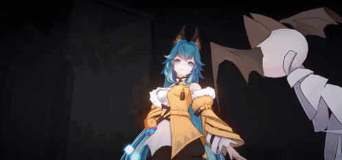 a girl with blue hair stands next to a robot