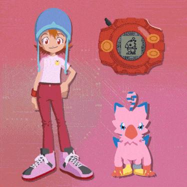 a girl in a blue hat stands next to a pink animal and a digital device
