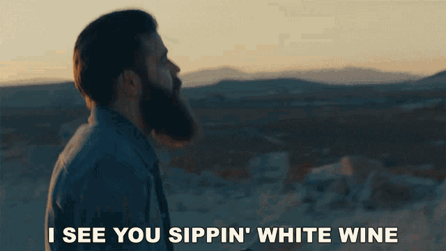 a man with a beard says i see you sippin white wine