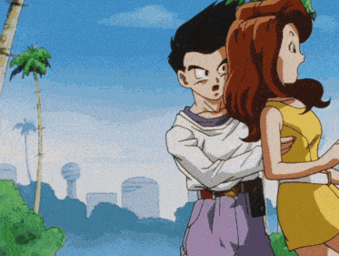 a man and a woman are standing next to each other in a cartoon scene