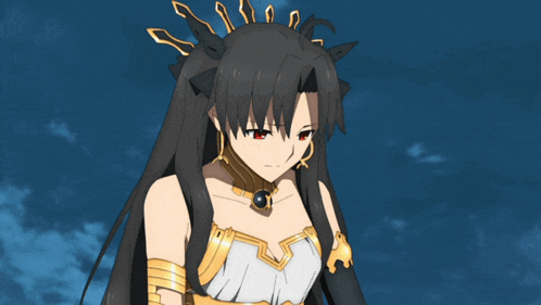 a girl with long black hair and red eyes is wearing a white top