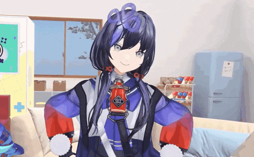 a girl with long black hair is holding a bottle of soda
