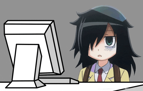 a black and white drawing of a girl looking at a computer monitor