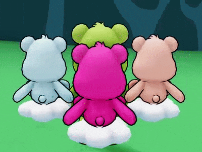 three teddy bears are sitting on clouds in a cartoon scene
