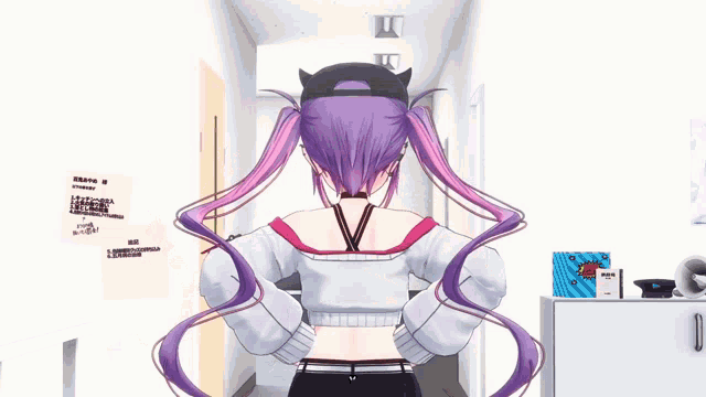 a girl with purple hair is wearing a cat hat and a sweater .