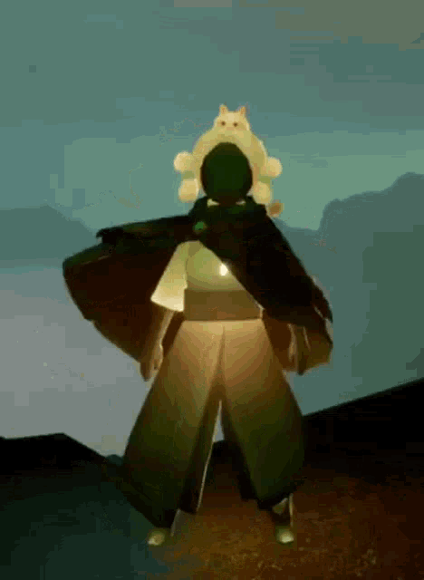 a person wearing a cape and a hat with a cat on it is standing on a hill .
