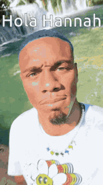 a man wearing a white shirt with a bee on it stands in front of a waterfall .
