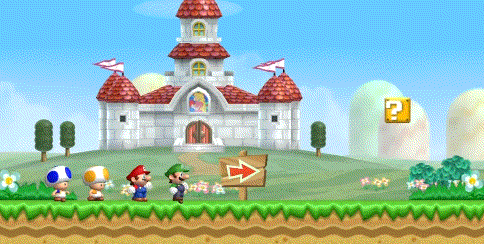 a video game scene with mario and luigi in front of a castle and a question mark