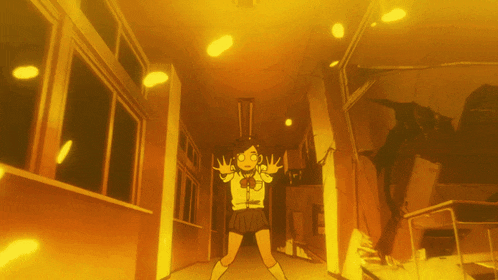 a girl in a school uniform is standing in a hallway with yellow lights behind her