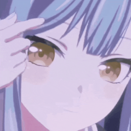 a close up of a anime girl 's face with blue hair and brown eyes