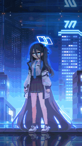 a pixel art of a girl standing in front of a building that has the number 777 on it