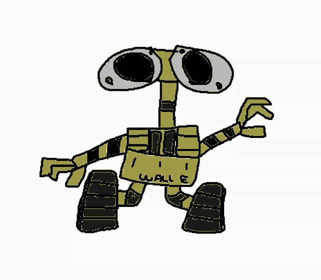 a drawing of wall e with a yellow and black striped shirt