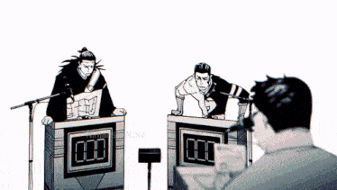 a black and white drawing of two men playing a game show with the words ninja on the bottom