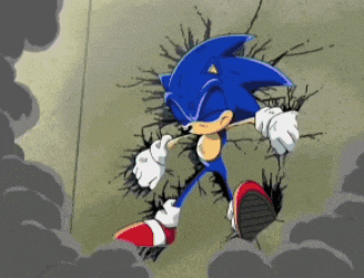a cartoon of sonic the hedgehog running through a hole in a wall