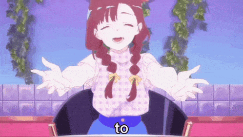 a girl is sitting in a chair with her arms outstretched and the word to written on the bottom