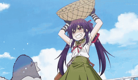 a girl with purple hair is holding a basket on her head and smiling