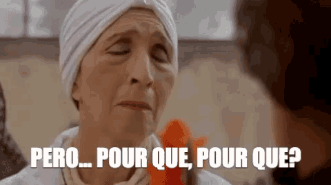 a woman in a white turban is holding a carrot and says pero pour que pour que