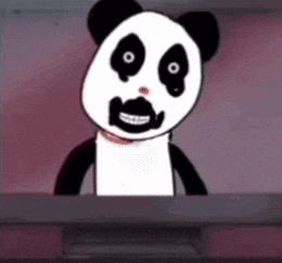 a cartoon panda bear with a bloody face is standing in front of a pink wall .