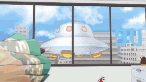 a cartoon drawing of an ufo flying through a window with the letters u and ui behind it