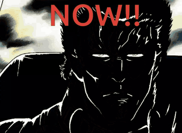 a black and white drawing of a man with the word now written on it