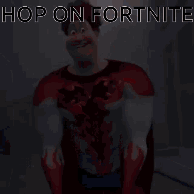 a cartoon character with the words hop on fortnite written on the bottom