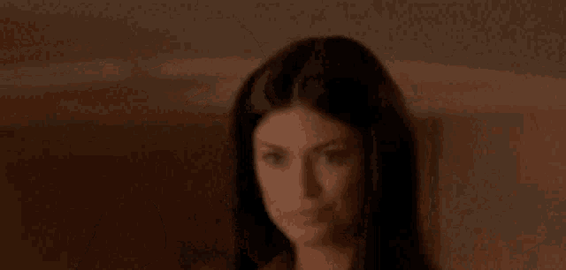 a woman with long hair is standing in front of a brown background .