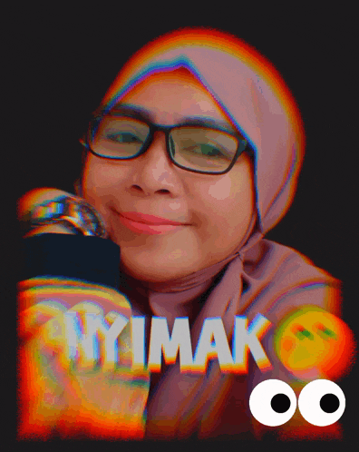 a woman wearing glasses and a hijab holds a microphone with the words " nyimak " written on it