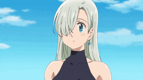 a girl with white hair and blue eyes is crying with a blue sky in the background