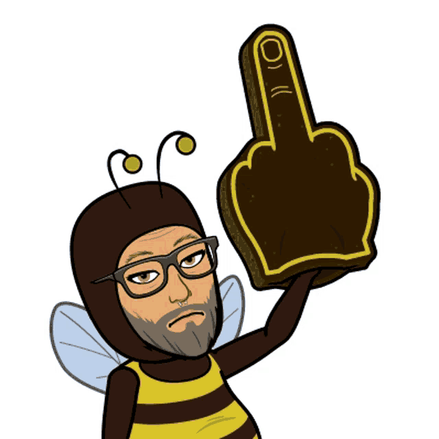 a cartoon of a man dressed as a bee holding an foam finger