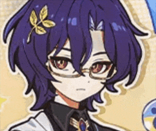 a cartoon character with purple hair and glasses is wearing a leaf in her hair .