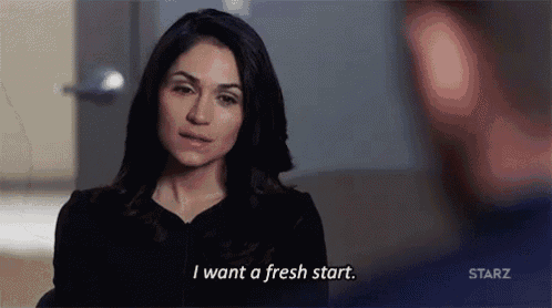 a woman is sitting on a couch talking to a man and saying `` i want a fresh start '' .