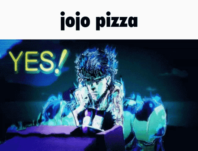 a jojo pizza advertisement with a man sitting at a table