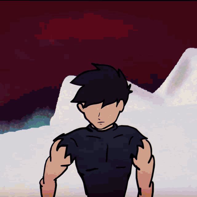 a cartoon of a man flexing his muscles in front of a snowy mountain