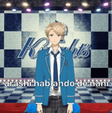 a man in a suit and tie is standing in front of a checkered wall and a sign that says knights .