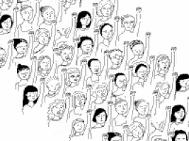 a black and white drawing of a crowd of people raising their fists .